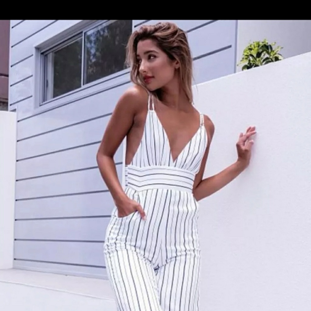 💲Womens V neck Striped Jumpsuit Romper adjustable - Picture 5 of 7